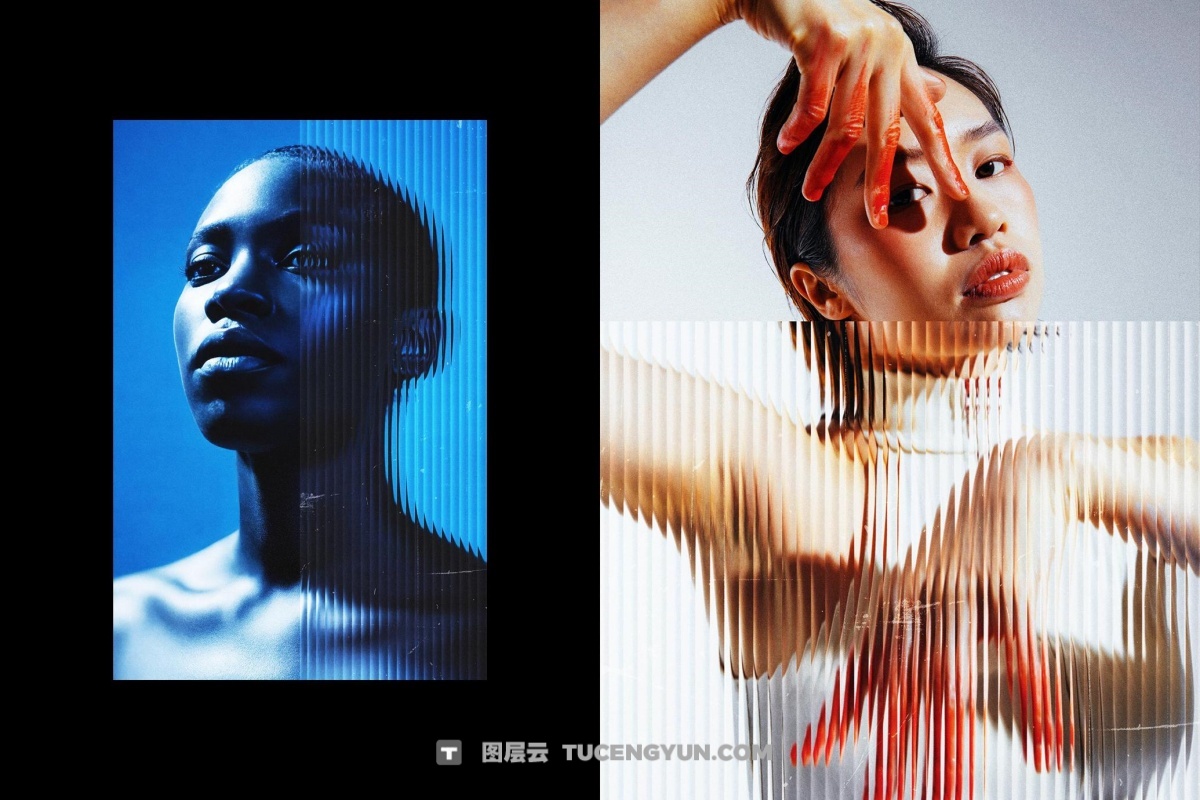 全新抽象艺术竖条纹透明玻璃扭曲折射特效PSD样机 Fractured Glass Photo Effect（13430）