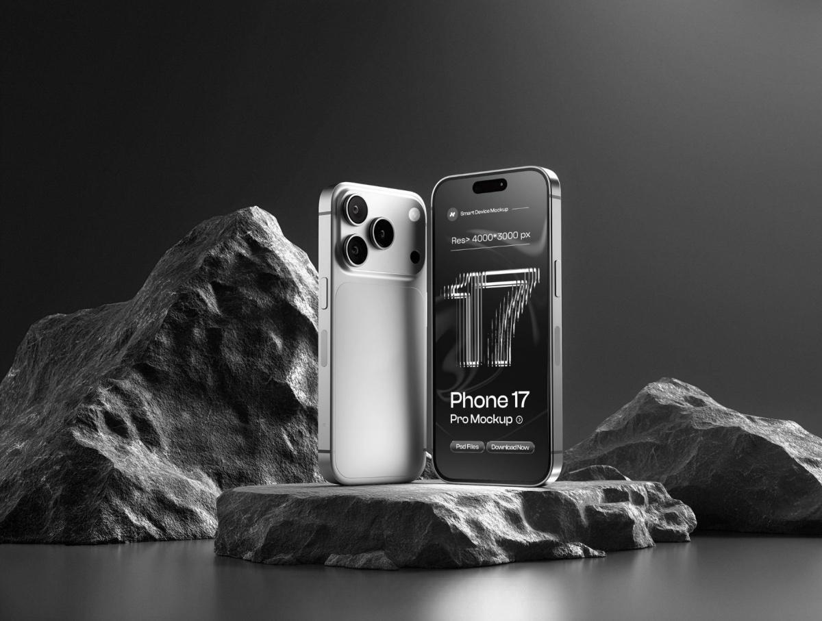 暗黑风格苹果iPhone 17 Pro时尚场景界面布局品牌展示PSD+Figma样机套装 Phone 17 Pro on Black Background Mockup Set – 06 Scene（13891）
