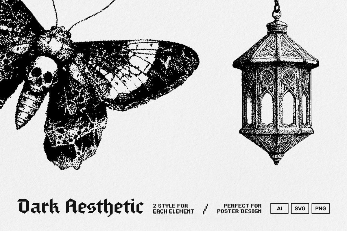 120款暗黑仿旧Y2K低保真像素颗粒位图艺术AI矢量插画图形PNG图片设计元素套装 Dark Aesthetic Dithering Graphic Bundle（13257）