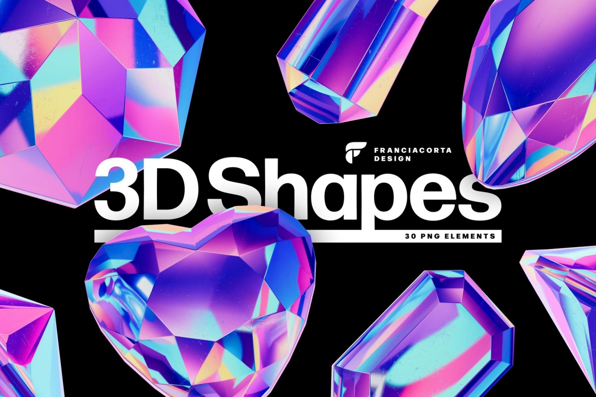 30款3D全息镀铬宝石水晶PNG免扣插画图片设计元素 Crystals Collection – 3D Objects Set（13231）