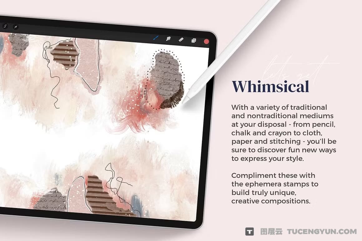 50款复古拼贴艺术混合媒体铅笔细线水墨粉笔蜡笔油画丙烯酸飞溅图章procreate笔刷画笔素材 Alainajensen – Mixed Media Collage Brushes for Procreate（13360）