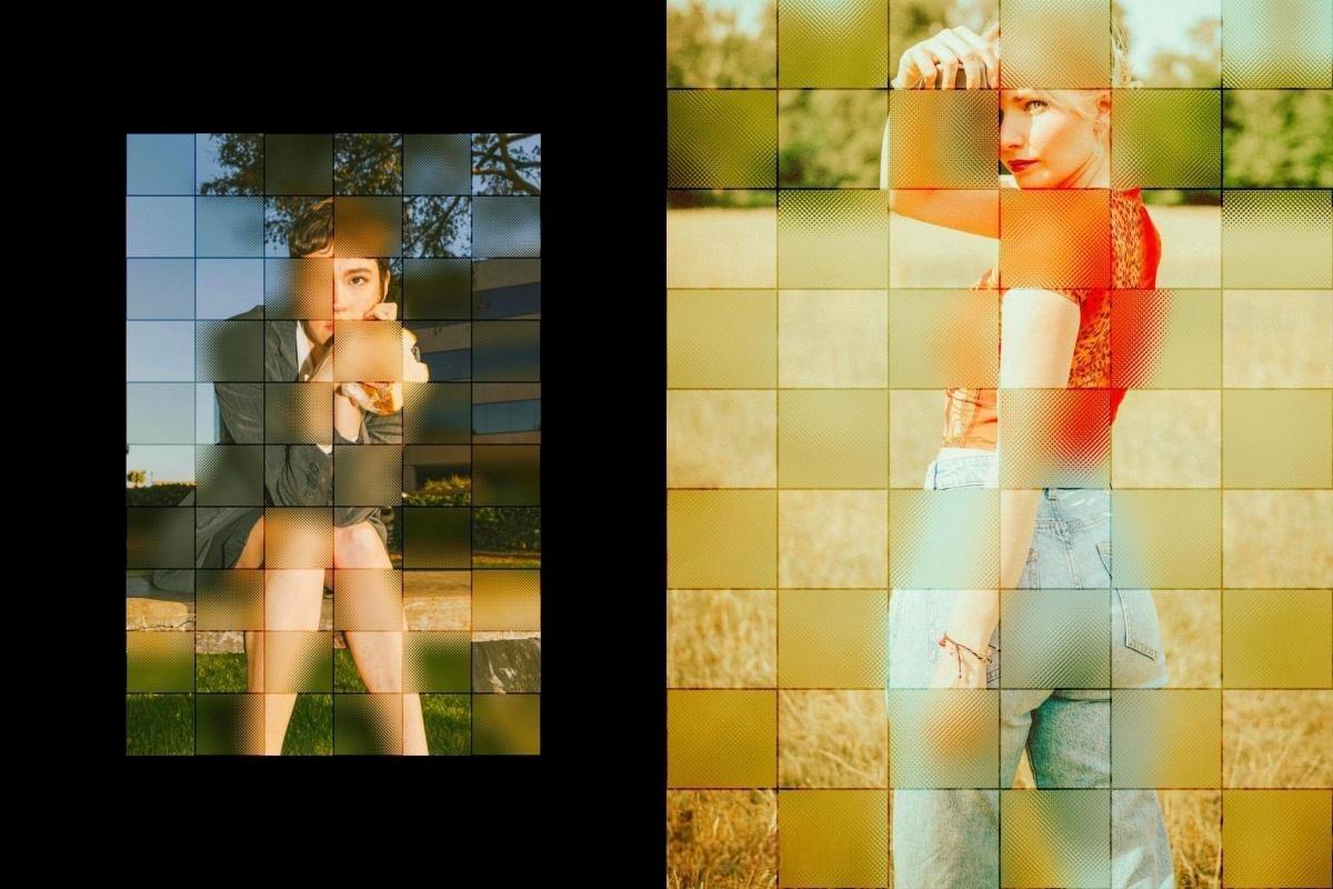 创意风格渐变弥散光网格像素方块效果PSD特效样机 Square Glass Tile Photo Effect（13313）