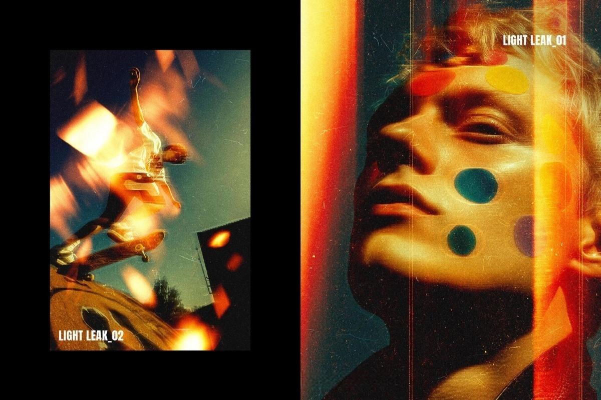 老式胶片相机发光条纹烧伤漏光效果叠加层PSD特效样机 Analogue Light Leak Photo Effect（13634）