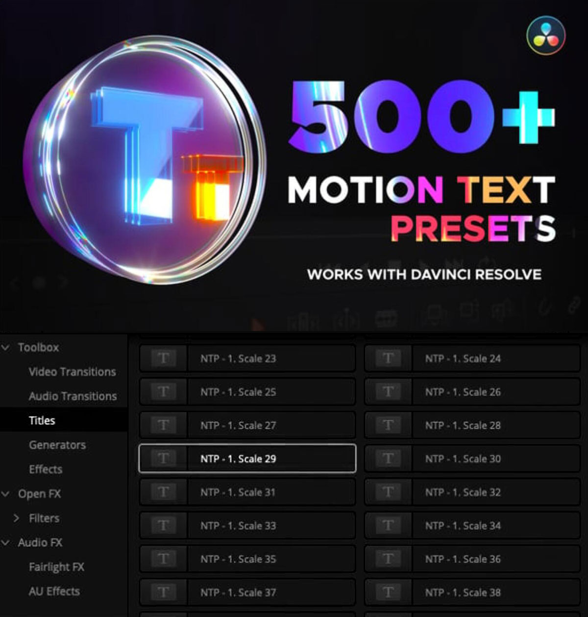 达芬奇预设：500个创意一键式文字标题淡入淡出、弹跳、擦除、拉伸、缩放、旋转动态文本动画（13619）