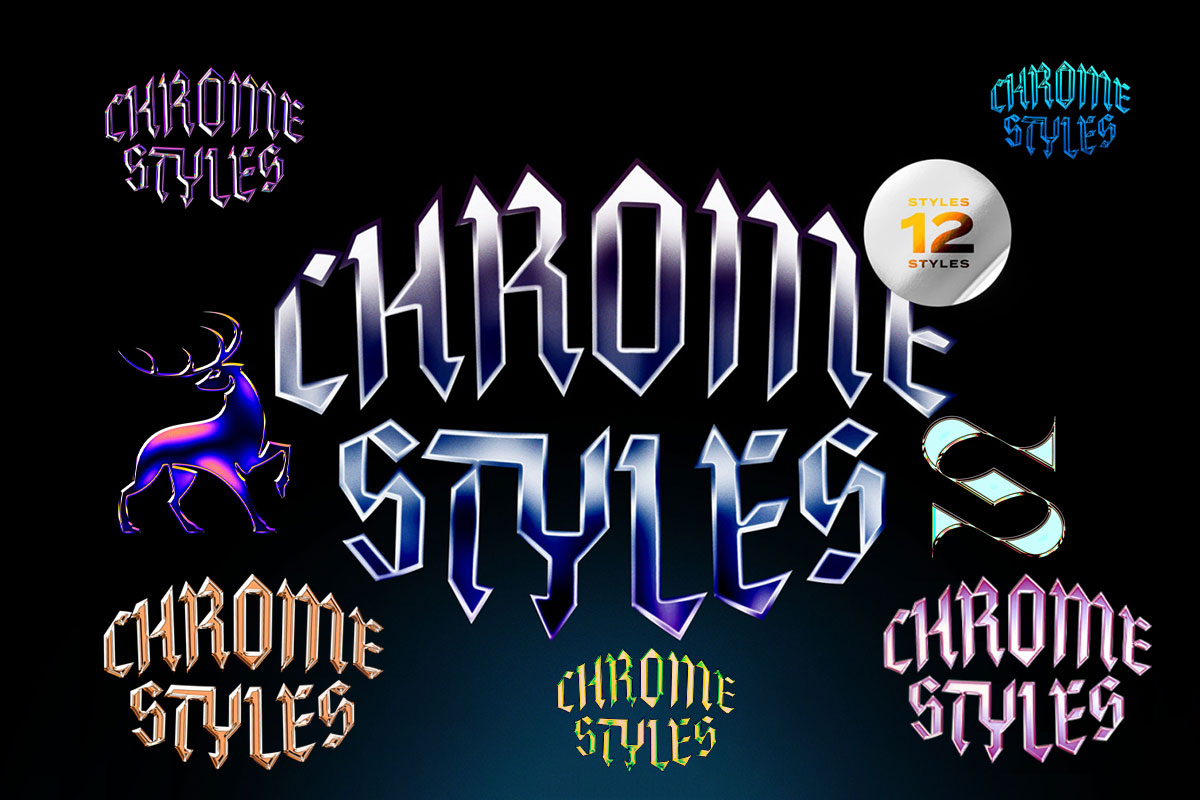 12个复古千禧Y2K风格酸性金属镀铬3D玻璃LOGO文本标题特效PSD样机设计套装 Galactic Chrome Text Styles（13264）