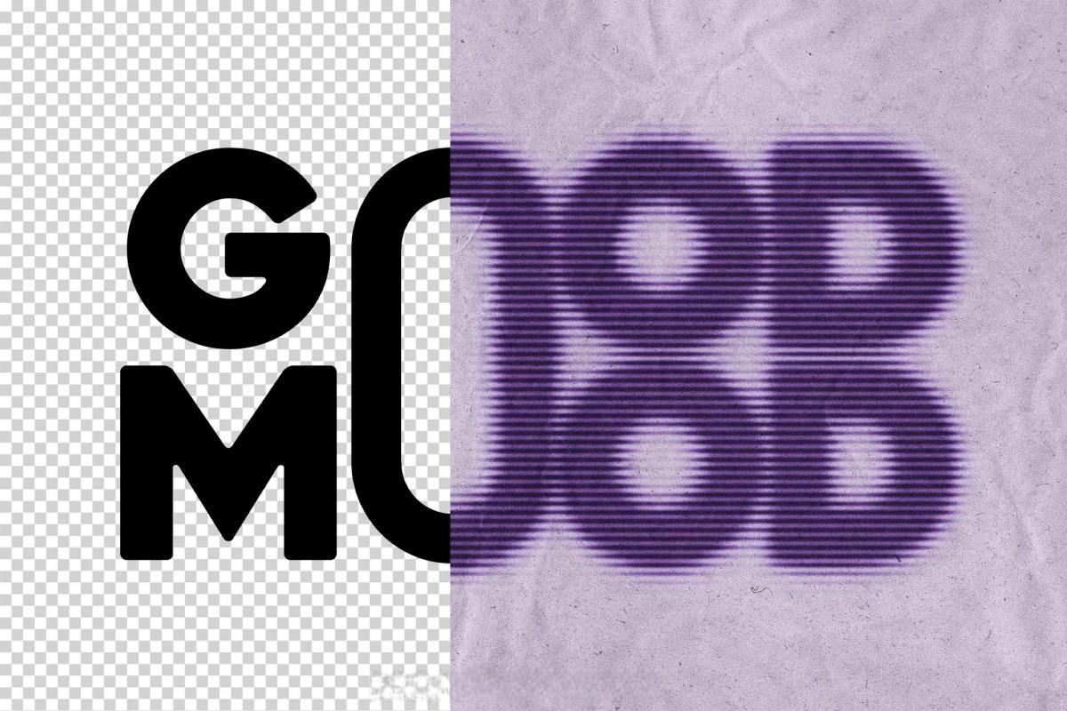 复古半色调百叶窗格栅质感墨水喷洒朦胧折痕海报封面设计PSD样机 Lined Halftone Text Effect（13307）