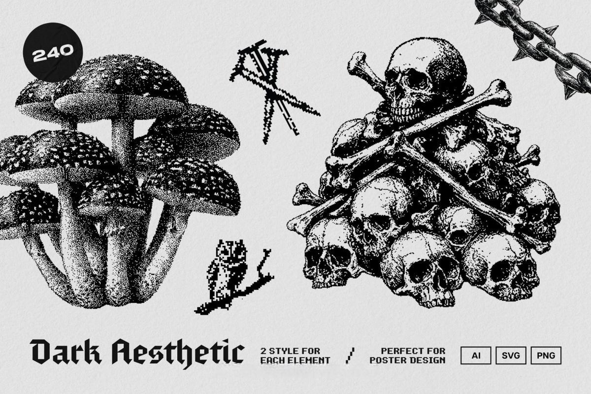 120款暗黑仿旧Y2K低保真像素颗粒位图艺术AI矢量插画图形PNG图片设计元素套装 Dark Aesthetic Dithering Graphic Bundle（13257）