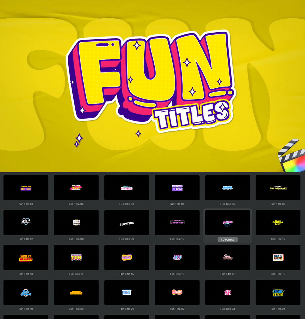 FCPX插件:30个趣味卡通综艺节目可爱花字贴纸文字标题动画 Fun Titles(13099) FCPX插件:30个趣味卡通综艺节目可爱花字贴纸文字标题动画 Fun Titles(13099)