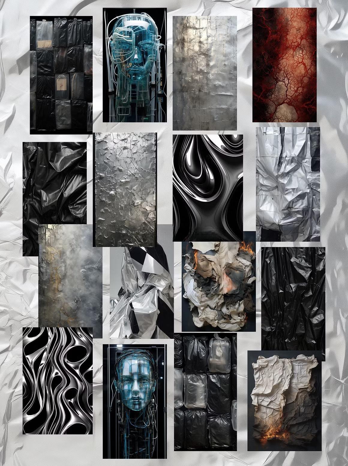 110个赛博未来主义科技金属镀铬抽象艺术背景肌理PNG元素拼贴剪贴画设计套装 Futuristic Mixed Media（13614）