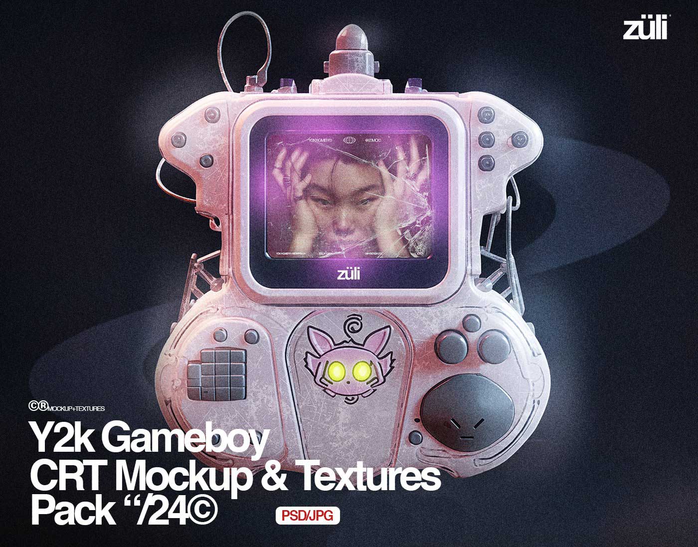 复古Y2K风格游戏机PSD模型+CRT信号故障燥点颗粒模拟叠加纹理图片素材套装 Züli – Y2k Gameboy Mockup & CRT Textures Pack（13376）
