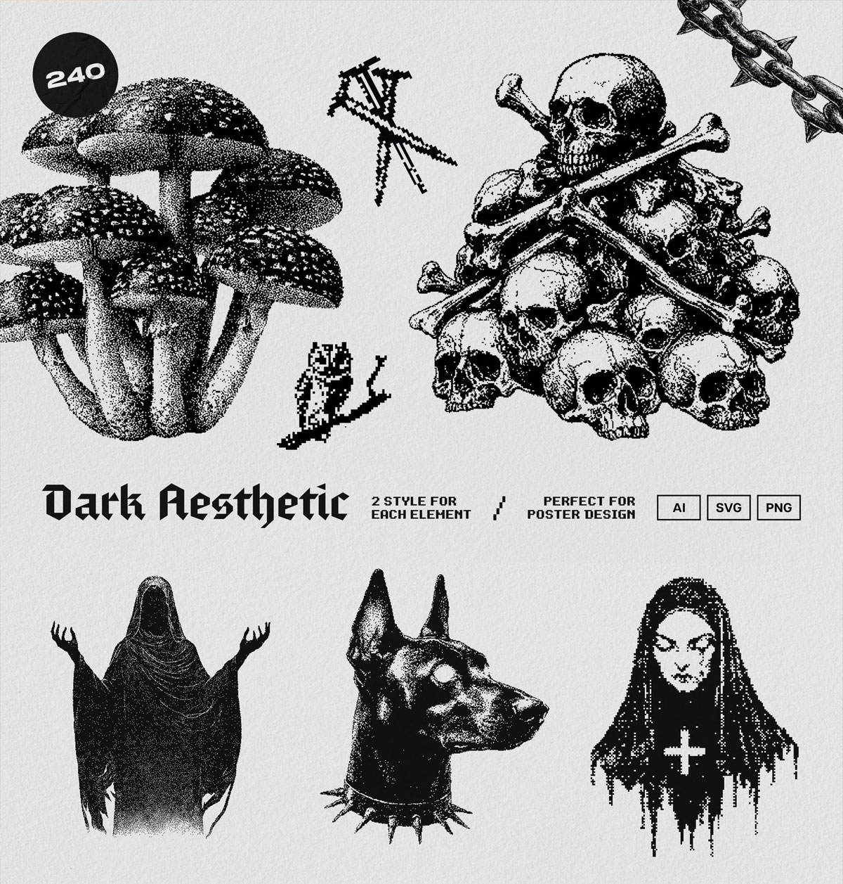 120款暗黑仿旧Y2K低保真像素颗粒位图艺术AI矢量插画图形PNG图片设计元素套装 Dark Aesthetic Dithering Graphic Bundle（13257）