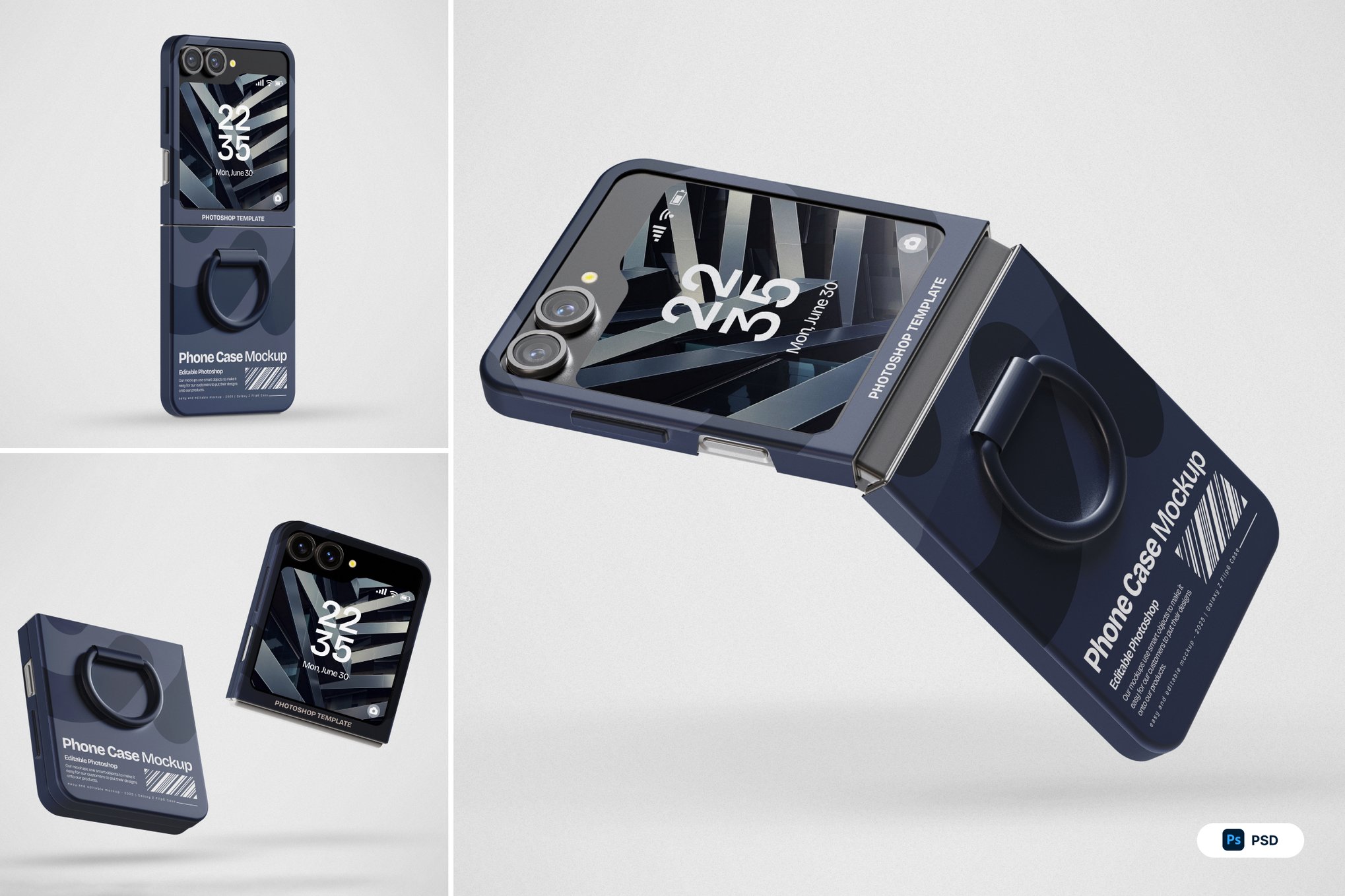 3个高分辨率极简可折叠智能手机屏幕UI设计展示PSD样机 Galaxy Z Flip 6 Phone Case Mockup(13356) 3个高分辨率极简可折叠智能手机屏幕UI设计展示PSD样机 Galaxy Z Flip 6 Phone Case Mockup(13356)