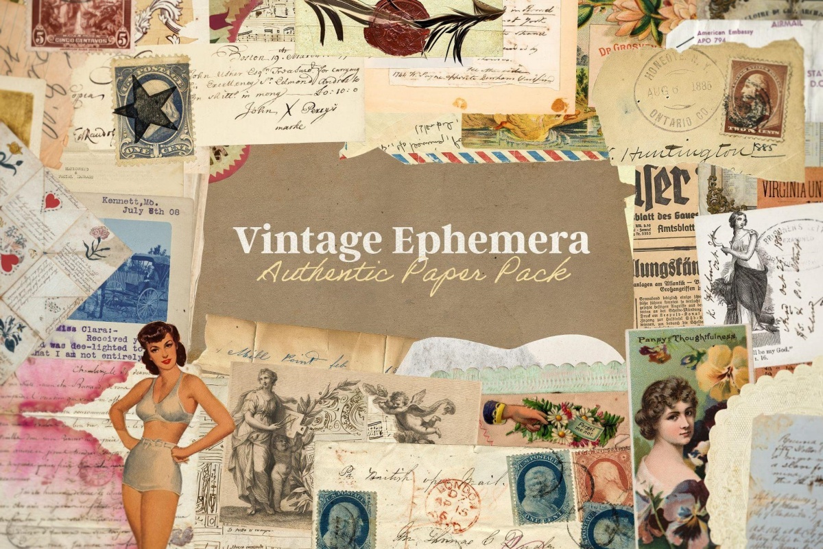 170个复古拼贴艺术磨损撕纸邮票菜单手写信件情书标签印刷书页PNG免扣背景设计元素 Vintage Ephemera Paper Pack（13043）