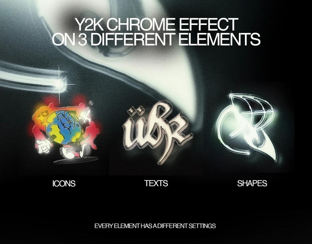 复古Y2Y风格梦幻发光酸性金属镀铬PSD特效样机 Züli – Y2k Chrome Effect Pack Collection (Text-Icon-Shape)
