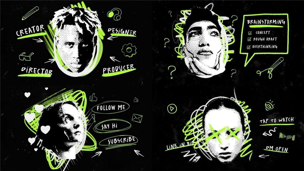 AE模板：大胆邋遢潦草手绘线条涂鸦头像拼贴艺术文字标题动画模板（13457）