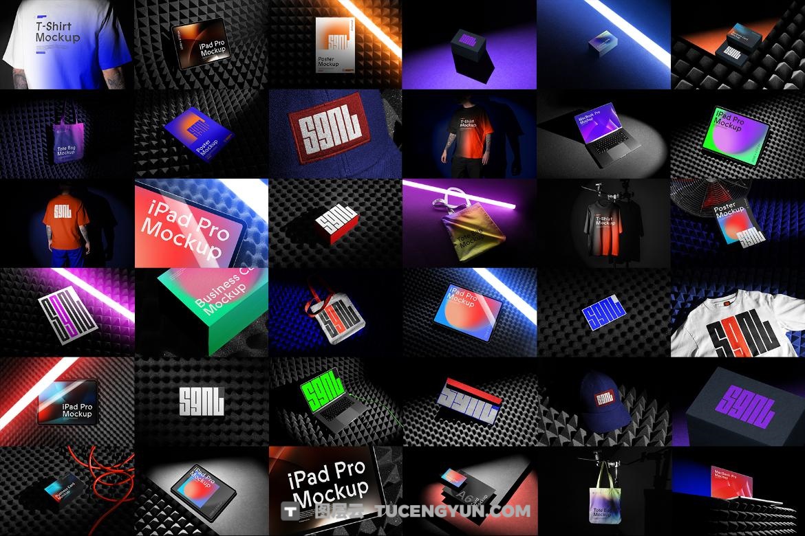 31个暗色质感企业VI文创品牌T恤手机电脑手提袋帆布袋名片海报设计展示PSD套装 SGNL Branding Mockups（13362）