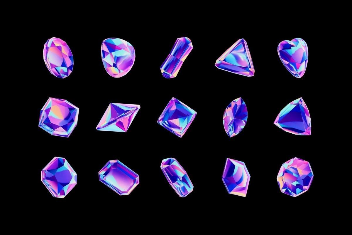 30款3D全息镀铬宝石水晶PNG免扣插画图片设计元素 Crystals Collection – 3D Objects Set（13231）