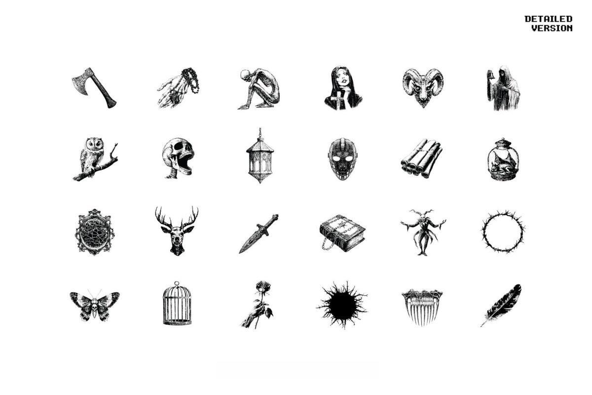 120款暗黑仿旧Y2K低保真像素颗粒位图艺术AI矢量插画图形PNG图片设计元素套装 Dark Aesthetic Dithering Graphic Bundle（13257）