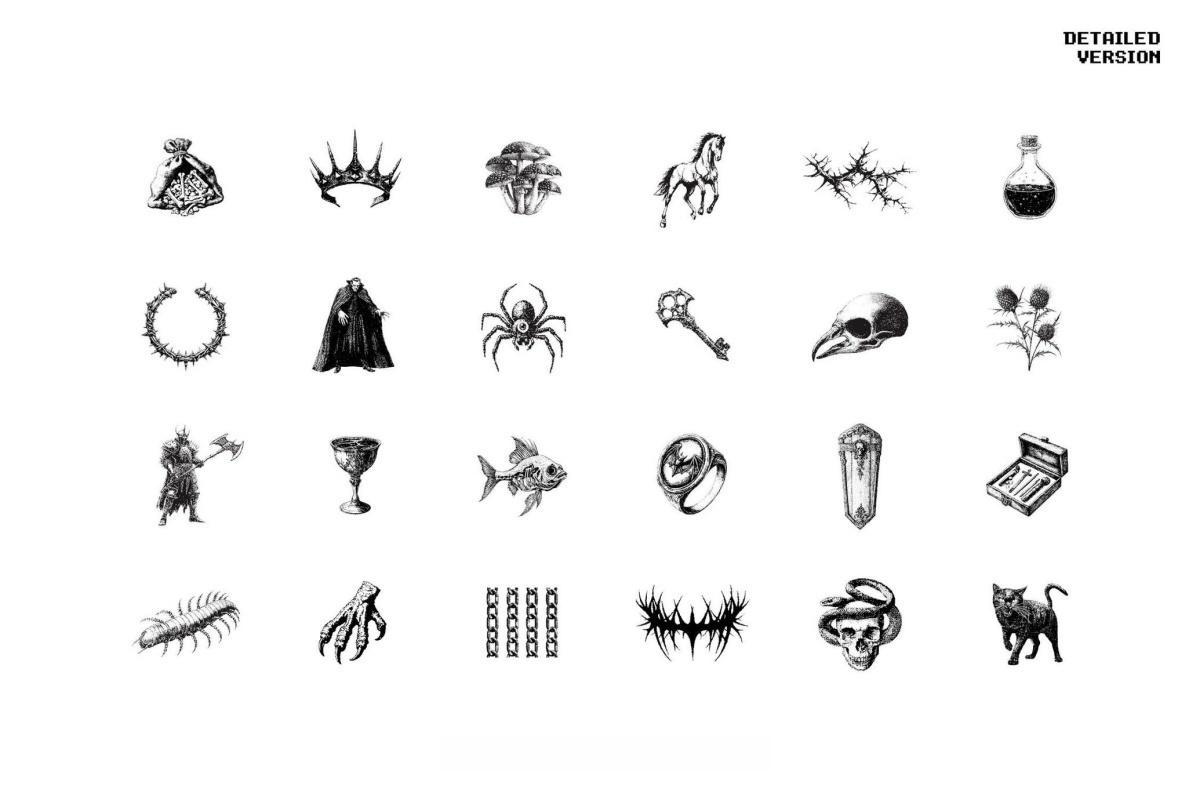 120款暗黑仿旧Y2K低保真像素颗粒位图艺术AI矢量插画图形PNG图片设计元素套装 Dark Aesthetic Dithering Graphic Bundle（13257）