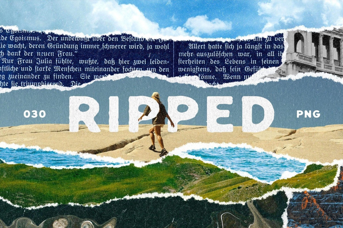 30款复古粗糙撕纸刀切破碎破损划痕毛边抽象艺术纸张肌理PNG+PSD设计素材 RIPPED Paper Elements Collection（13235）