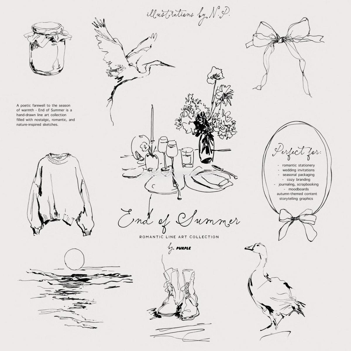 60个怀旧优雅极简手绘线条剪影干花野果宁静的风景天鹅鹿AI矢量请柬插画包装PNG图片设计素材 End of Summer: Line Art Collection（13088）