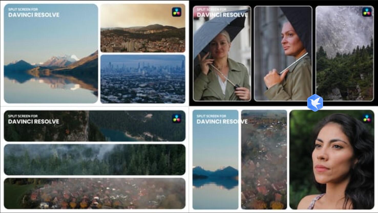 达芬奇模板：12个创意多画面网格分屏动态组合切换效果模板预设（13564）