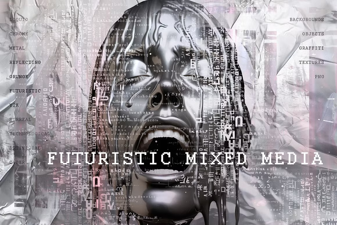 110个赛博未来主义科技金属镀铬抽象艺术背景肌理PNG元素拼贴剪贴画设计套装 Futuristic Mixed Media（13614）