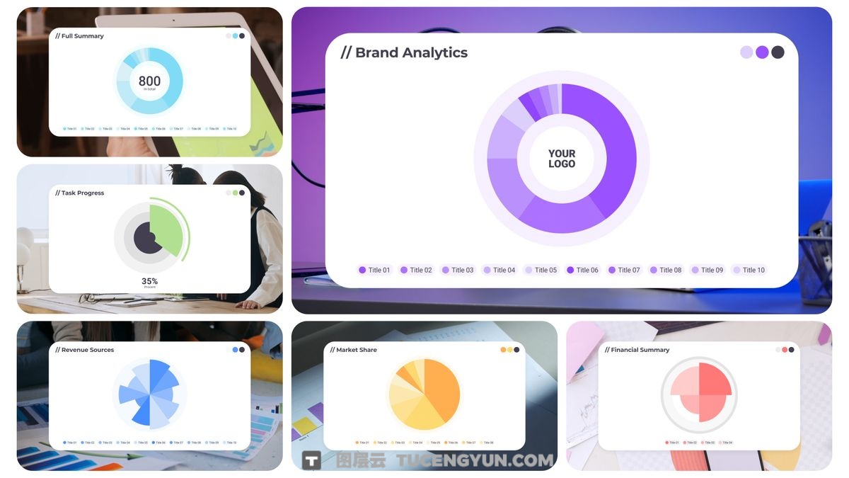 达芬奇模板：多类型信息图表条形图、折线图、饼图、图表、条形图、折线图元素动画（13372）
