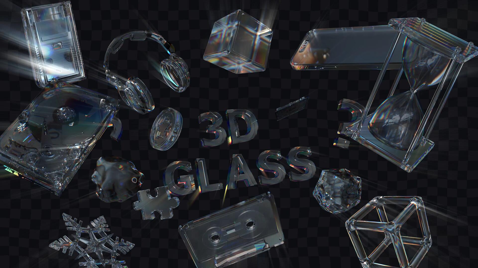 66个超现实主义水晶玻璃材质光线折射电子产品玩具几何形状字母数字透明通道MOV视频素材（13341）