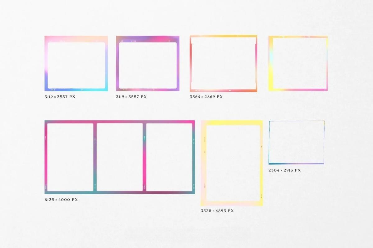 50多个复古网格渐变胶片胶卷边框拍立得相框PNG免扣叠加图片设计素材 Gradient High Quality Film Frames（13505）