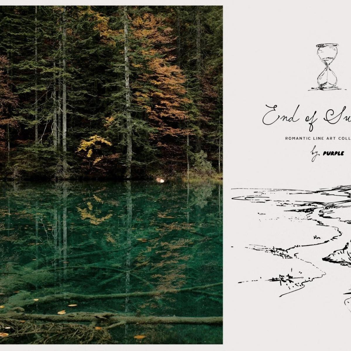 60个怀旧优雅极简手绘线条剪影干花野果宁静的风景天鹅鹿AI矢量请柬插画包装PNG图片设计素材 End of Summer: Line Art Collection（13088）