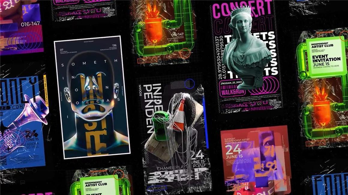 AE/PR模板：12款赛博蒸汽波反设计潮流3D艺术动态海报动画品牌宣传推广视频 Anti-design Post & Stories（9328）