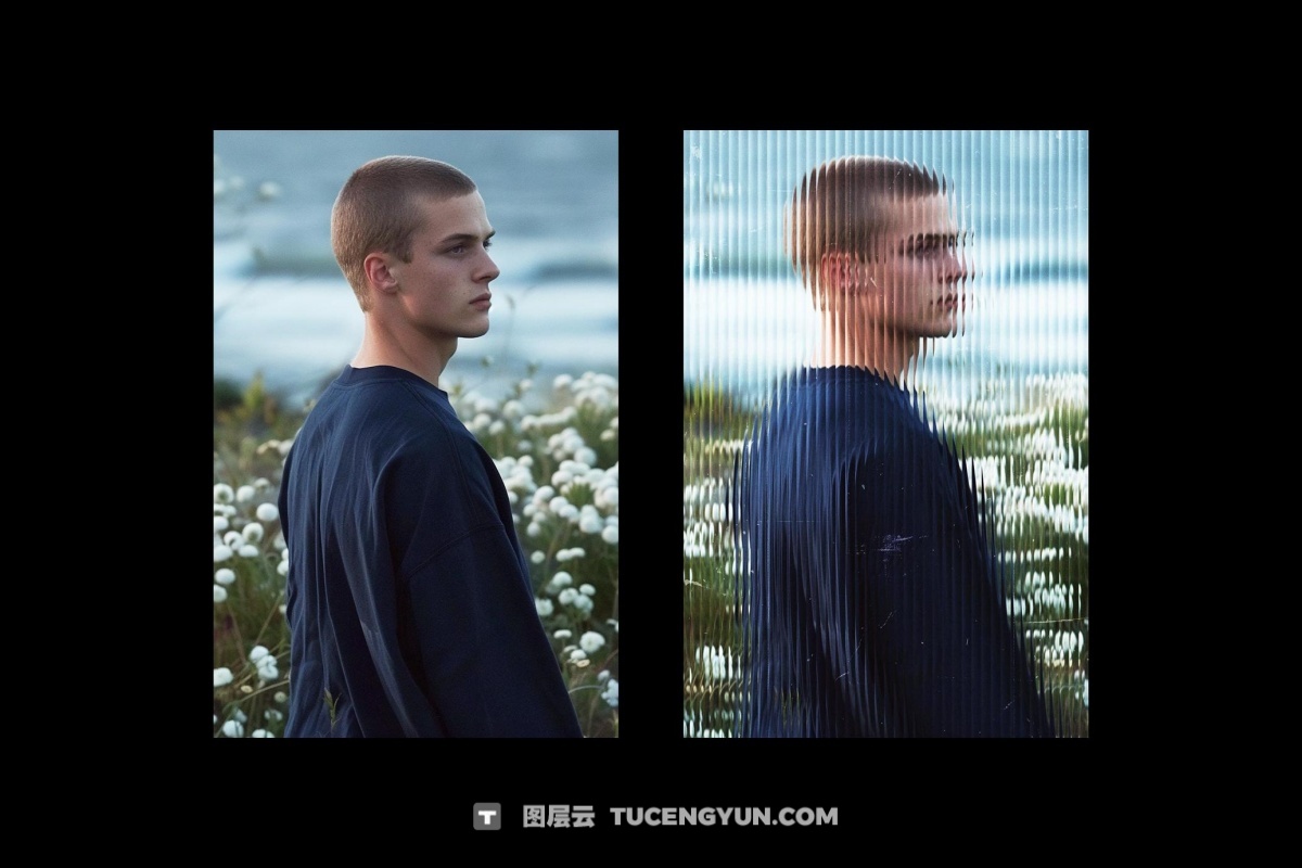 全新抽象艺术竖条纹透明玻璃扭曲折射特效PSD样机 Fractured Glass Photo Effect（13430）