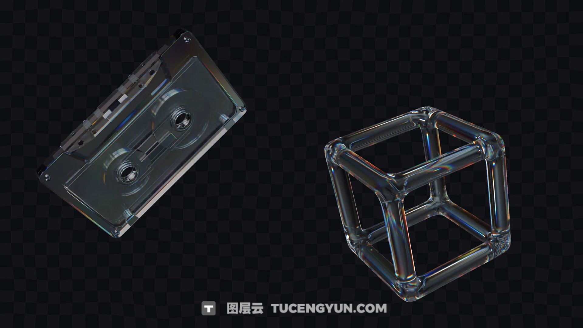 66个超现实主义水晶玻璃材质光线折射电子产品玩具几何形状字母数字透明通道MOV视频素材（13341）