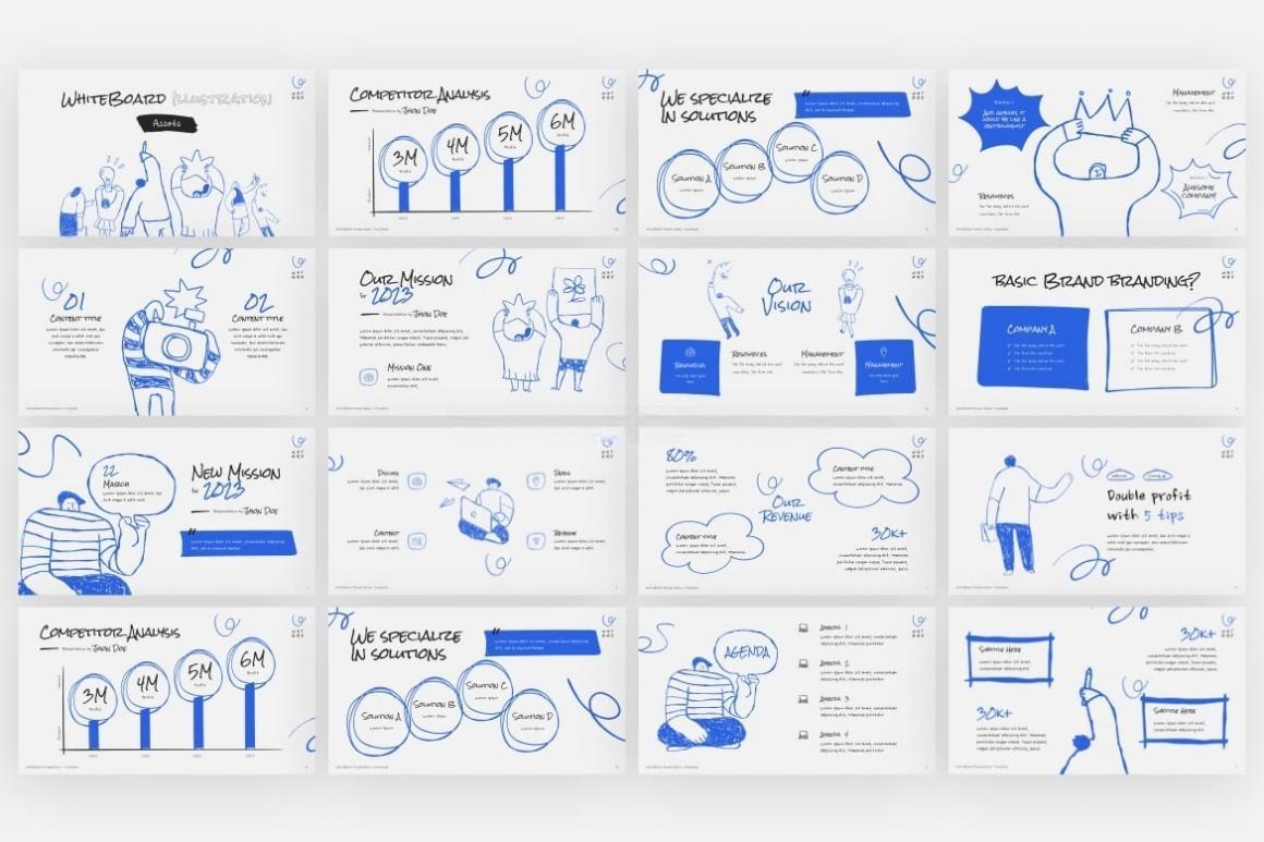 PPT模板：15页手绘涂鸦人物线框数据统计信息图表工作汇报演示文稿黑白双色调PPT模板 Whiteboard Illustration Assets PowerPoint Template（13706）
