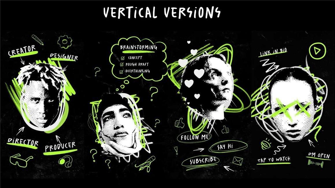 AE模板：大胆邋遢潦草手绘线条涂鸦头像拼贴艺术文字标题动画模板（13457）