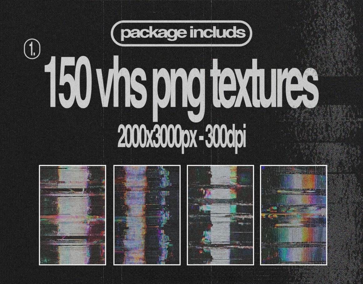 复古VHS信号故障扭曲失真抽象颗粒噪点图像滤镜叠加纹理+PSD特效样机 Züli – VHS Package Textures&Effects（）