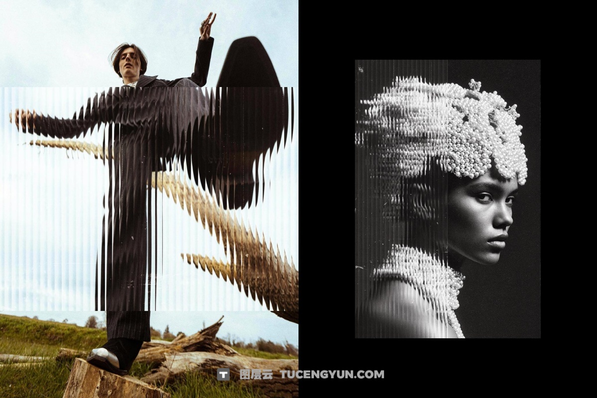 全新抽象艺术竖条纹透明玻璃扭曲折射特效PSD样机 Fractured Glass Photo Effect（13430）