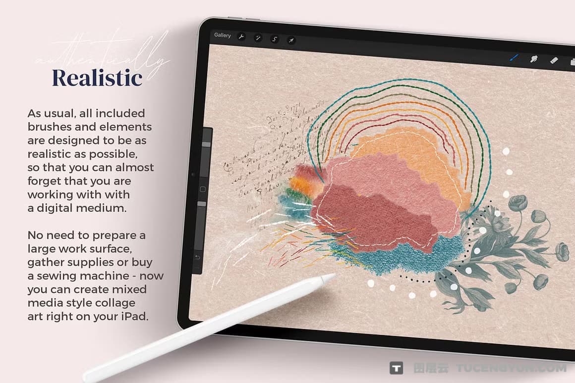 50款复古拼贴艺术混合媒体铅笔细线水墨粉笔蜡笔油画丙烯酸飞溅图章procreate笔刷画笔素材 Alainajensen – Mixed Media Collage Brushes for Procreate（13360）