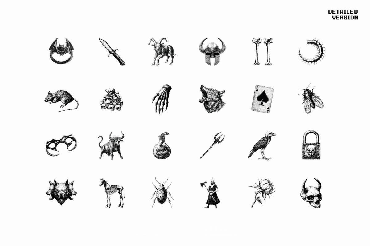 120款暗黑仿旧Y2K低保真像素颗粒位图艺术AI矢量插画图形PNG图片设计元素套装 Dark Aesthetic Dithering Graphic Bundle（13257）