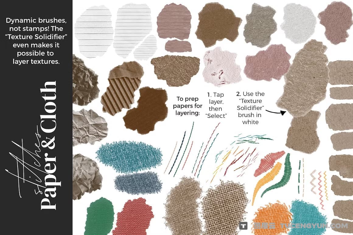 50款复古拼贴艺术混合媒体铅笔细线水墨粉笔蜡笔油画丙烯酸飞溅图章procreate笔刷画笔素材 Alainajensen – Mixed Media Collage Brushes for Procreate（13360）