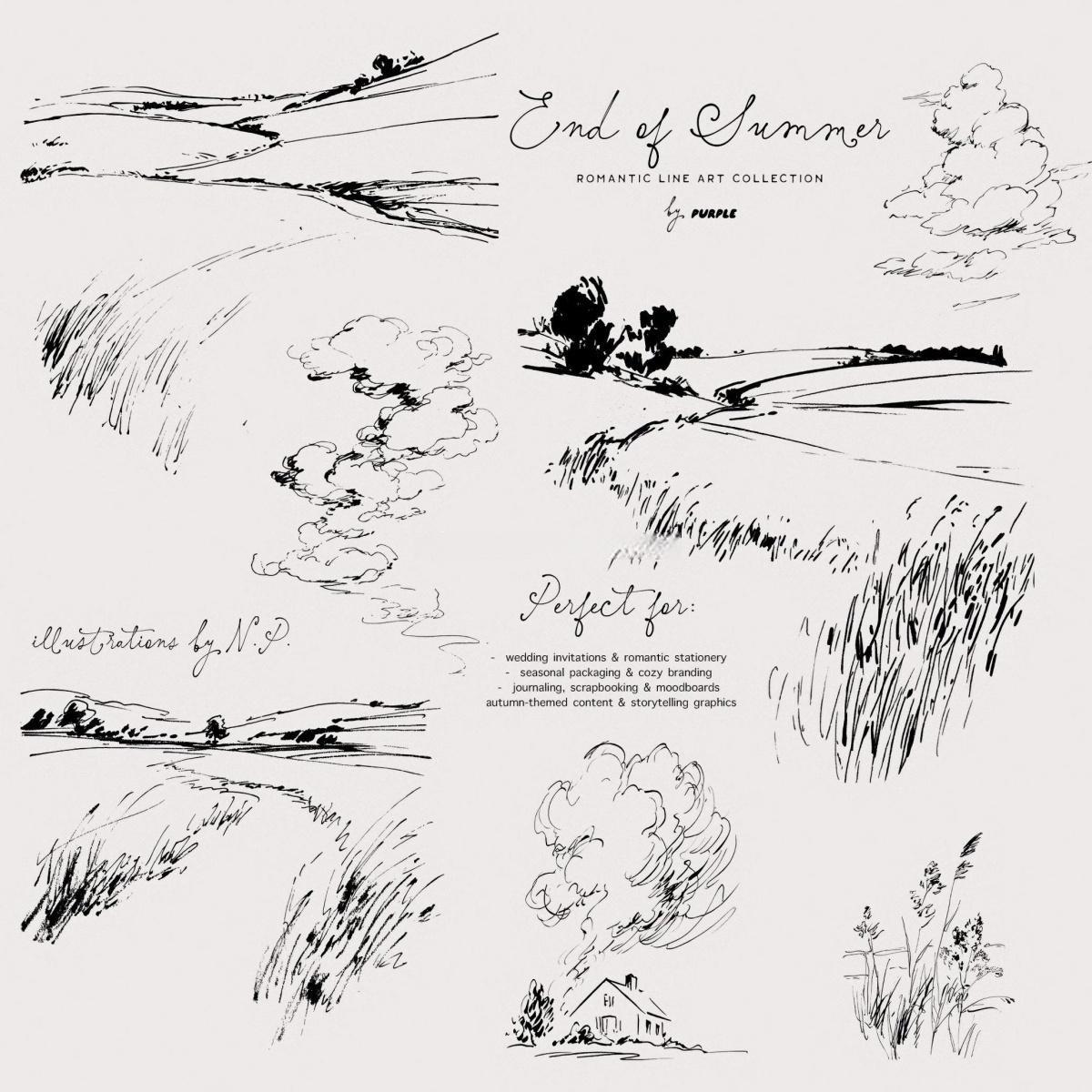 60个怀旧优雅极简手绘线条剪影干花野果宁静的风景天鹅鹿AI矢量请柬插画包装PNG图片设计素材 End of Summer: Line Art Collection（13088）
