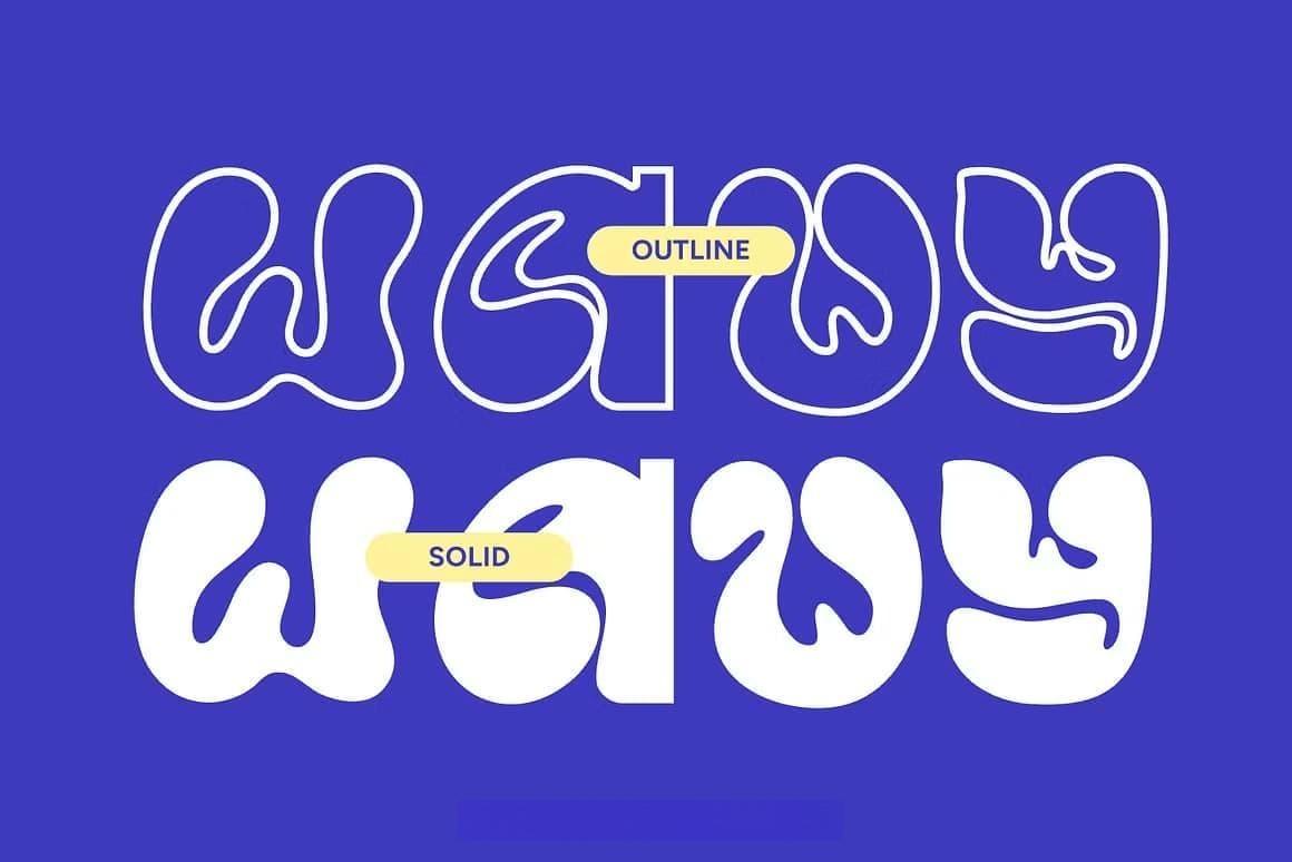 英文字体：复古时髦Y2K风格欢快波浪形斑点状曲线气泡封面海报设计字体 Geism – Solid & Outline（13689）