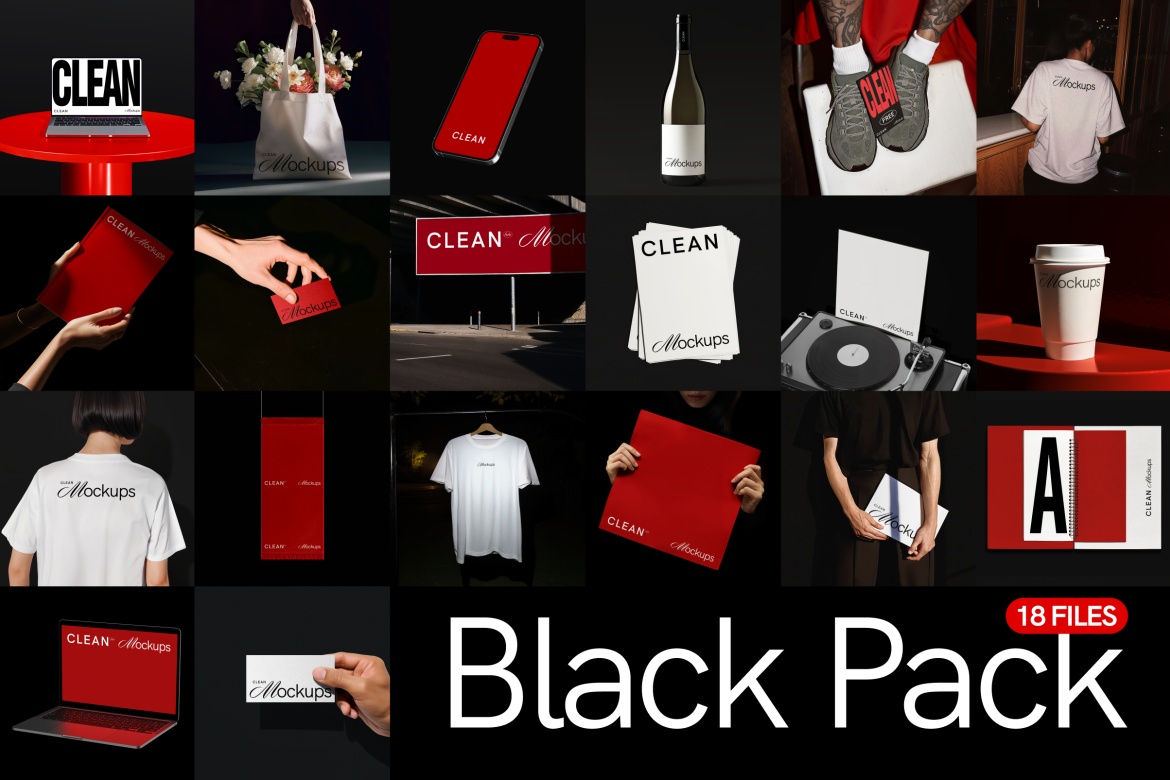 19个暗黑优雅现代T恤名片海报帆布袋广告牌手机电脑酒瓶纸杯品牌VI设计展示PSD样机组合 BLACK PACK（13292）