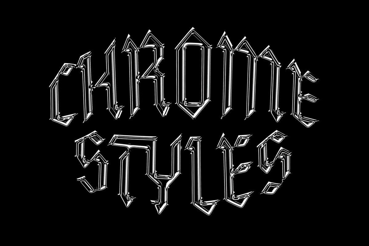12个复古千禧Y2K风格酸性金属镀铬3D玻璃LOGO文本标题特效PSD样机设计套装 Galactic Chrome Text Styles（13264）
