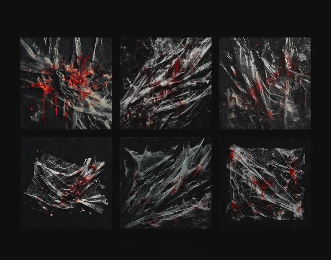 100个逼真撕裂染血塑料袋血液塑料薄膜保鲜膜万圣节恐怖背景肌理纹理图片设计套装 Züli – +100 BLOOD Plastic Textures Pack（13507）