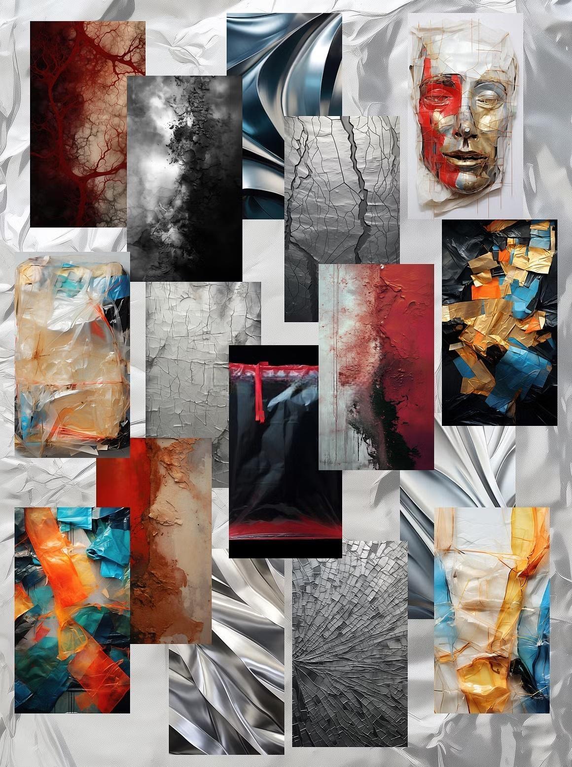 110个赛博未来主义科技金属镀铬抽象艺术背景肌理PNG元素拼贴剪贴画设计套装 Futuristic Mixed Media（13614）