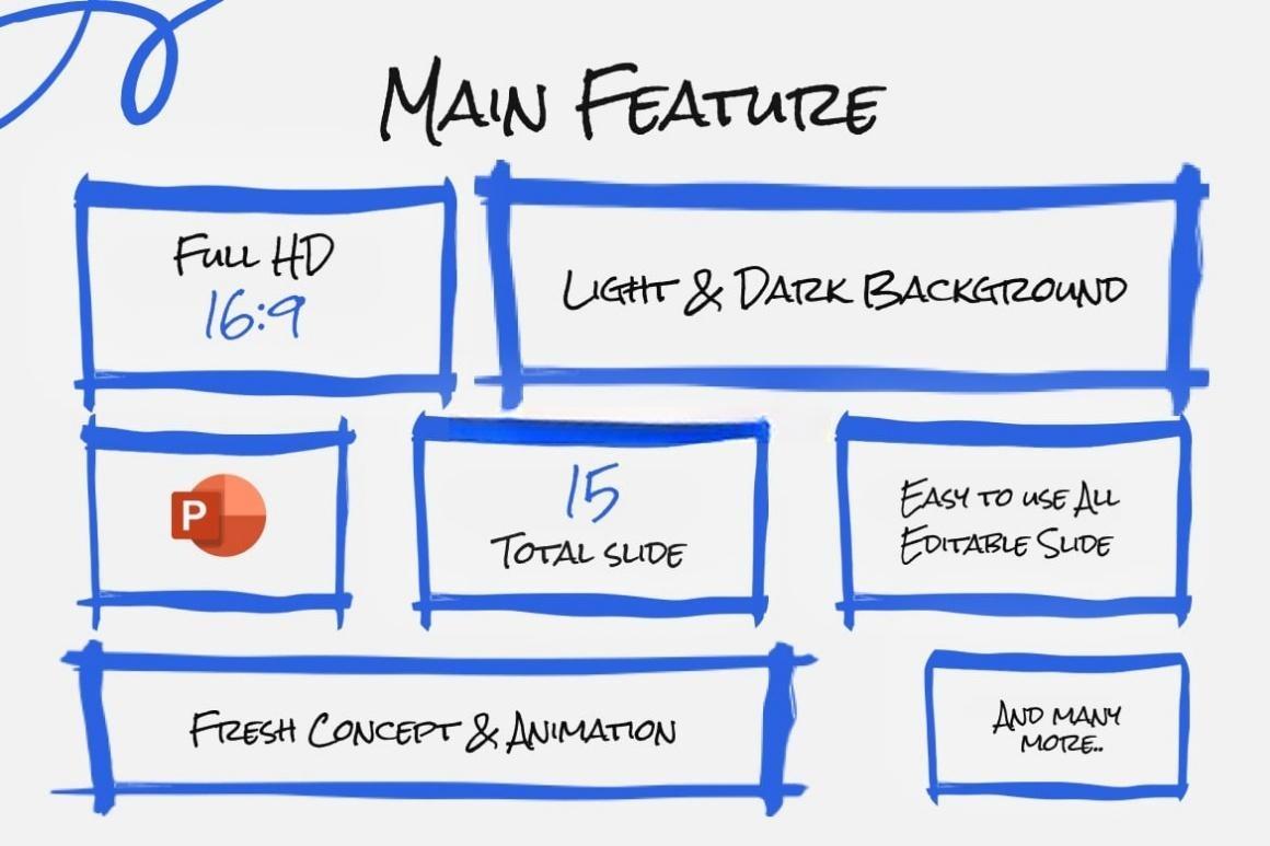 PPT模板：15页手绘涂鸦人物线框数据统计信息图表工作汇报演示文稿黑白双色调PPT模板 Whiteboard Illustration Assets PowerPoint Template（13706）