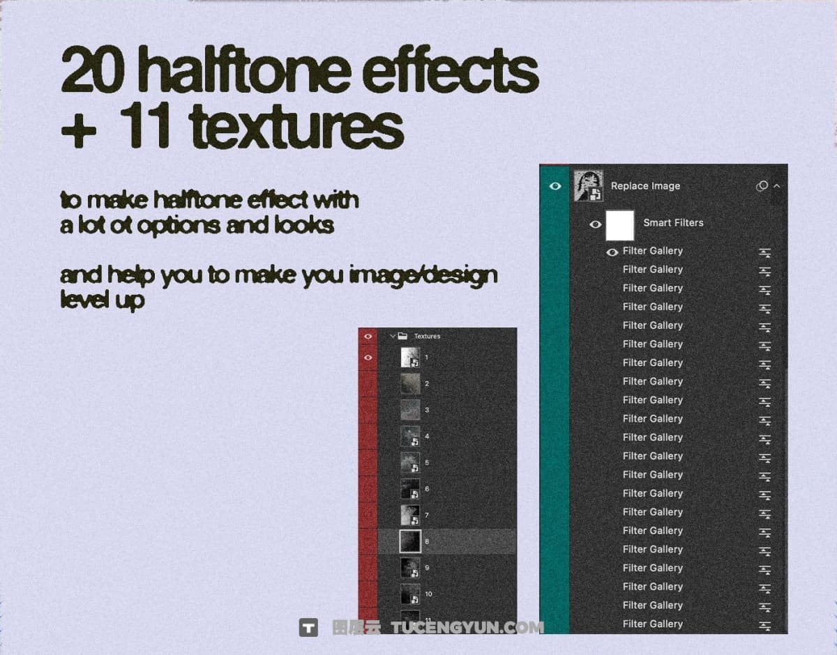 20种复古半色调半调颗粒噪点打印印刷PSD特效样机 Züli – Halftone Image Effects Pack（13400）