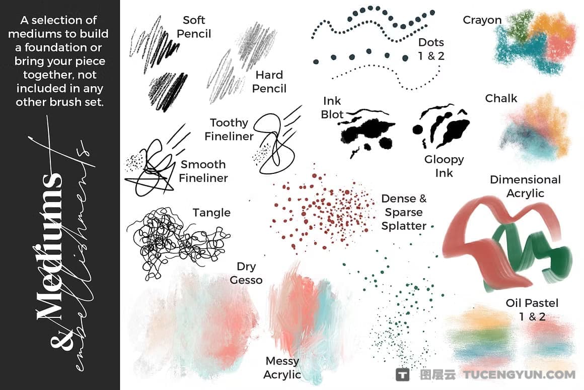 50款复古拼贴艺术混合媒体铅笔细线水墨粉笔蜡笔油画丙烯酸飞溅图章procreate笔刷画笔素材 Alainajensen – Mixed Media Collage Brushes for Procreate（13360）